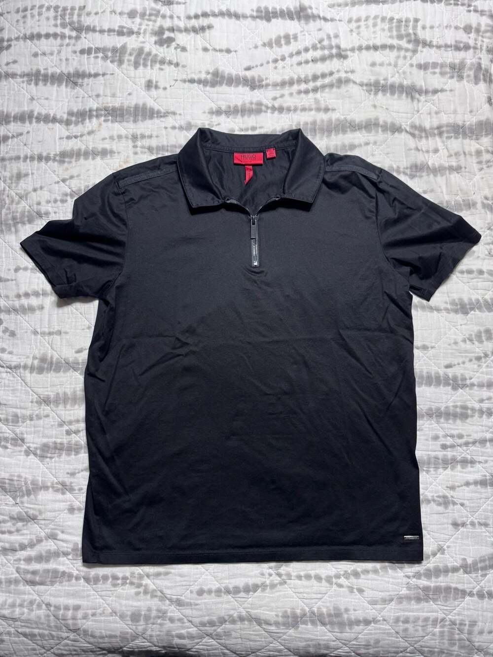 Hugo Boss Slim Fit Zip Polo Size L Black Mercerised Cotton Short Sleeve